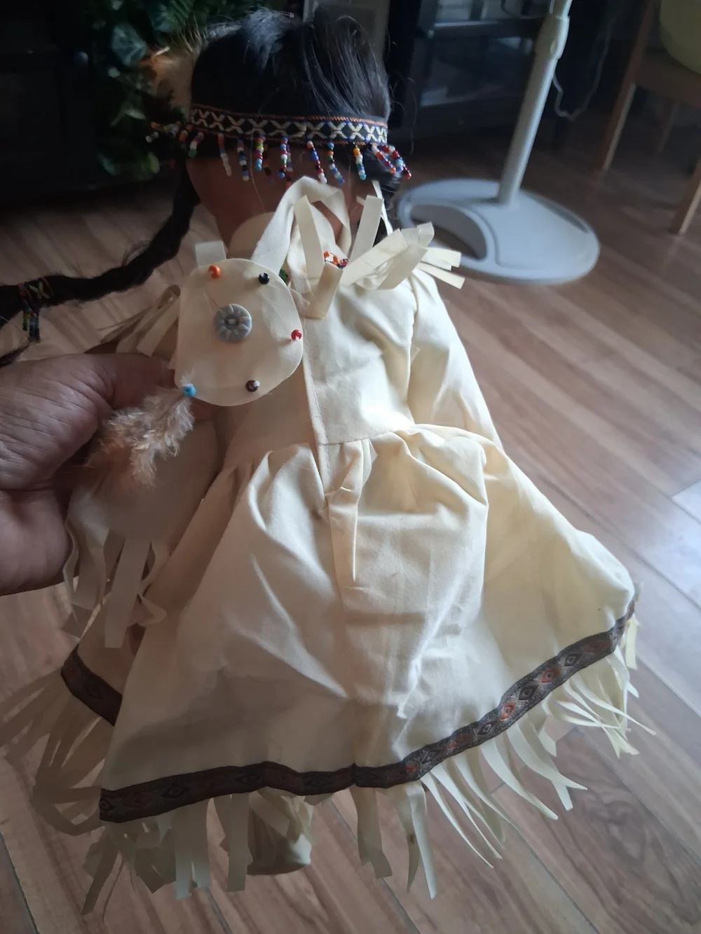 Cream Native-Style Girls' Doll with Beaded Trim and Braided Hair